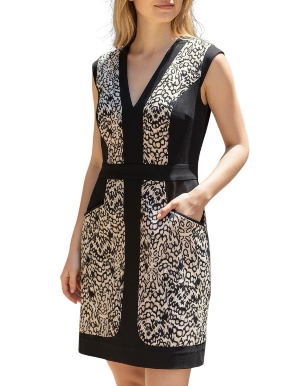 French Connection Black and Cream Patterned V-Neck Shift Dress